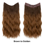 Two views of a long wavy medium-brown clip-in hair extension piece shown on a white background—front on the left and the underside with a lace/clip band on the right—with text reading “Medium Brown