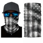 Grey American flag neck gaiter face covering with a distressed print and stretchy tube design.
