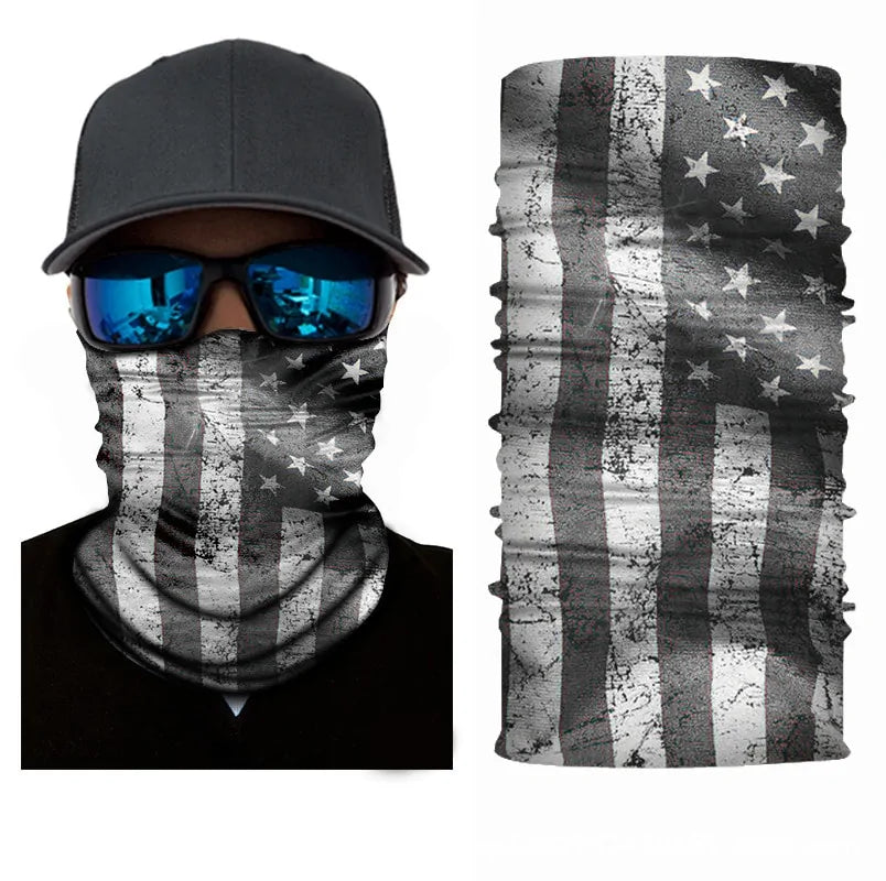 Grey American flag neck gaiter face covering with a distressed print and stretchy tube design.
