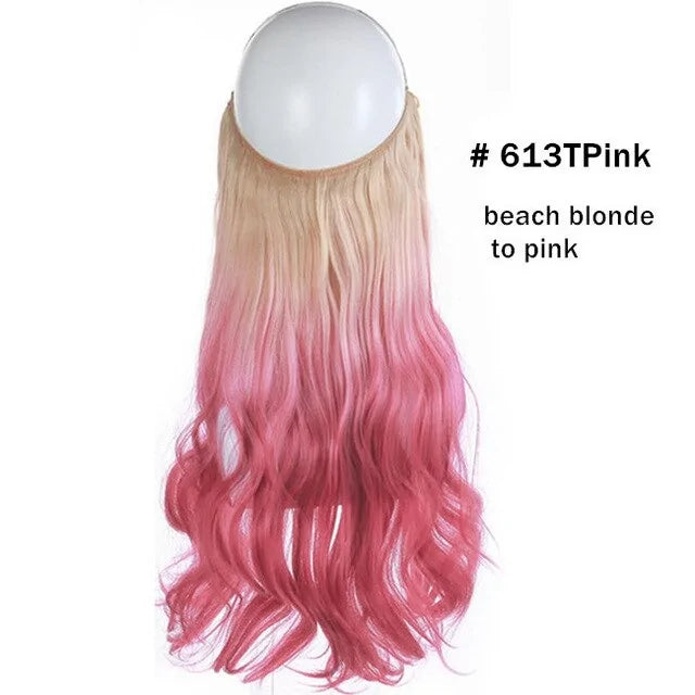 Long wavy hair extension with an ombré fade from beach blonde to pink, labeled “#613TPink beach blonde to pink.