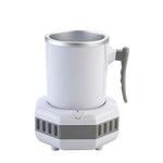 White electric self-stirring mug with a gray handle and a chunky base with vent-like openings, shown on a white background.
