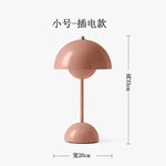 Small pink mushroom-shaped table lamp on a white background, with Chinese text and measurements indicating about 33 cm tall and 20 cm wide.