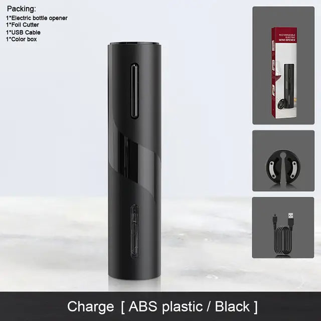 Product image of a black ABS plastic rechargeable electric wine bottle opener standing upright; text lists included items (electric bottle opener, foil cutter, USB cable, color box) and side thumbnails show the retail box, foil cutter, and USB charging cable.