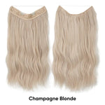 Two long wavy hair extension wefts in a light champagne-blonde shade shown front and back, with the label “Champagne Blonde” on a white background.
