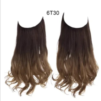 Two wavy hair extension pieces shown side by side on a white background, dark brown at the top fading into lighter brown ends, labeled “6T30.”