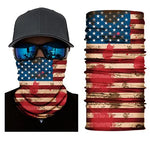 American flag print neck gaiter face covering with red handprint design.

