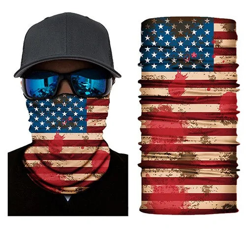 American flag print neck gaiter face covering with red handprint design.
