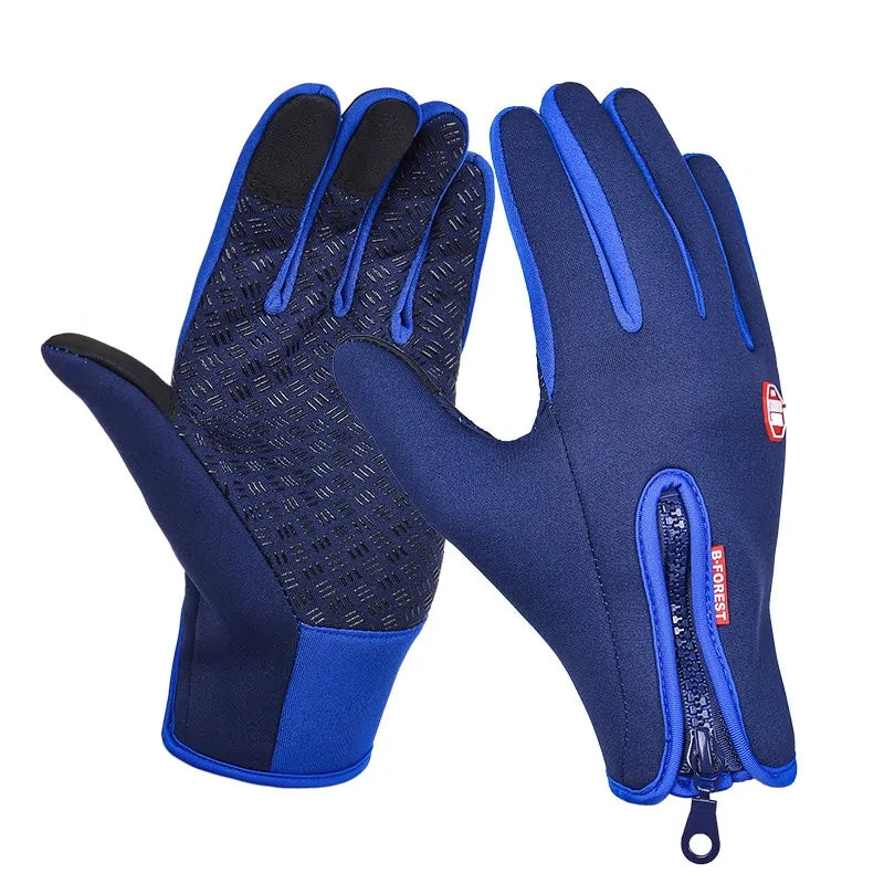 Blue full-finger gloves with grip palm and zip detail.
