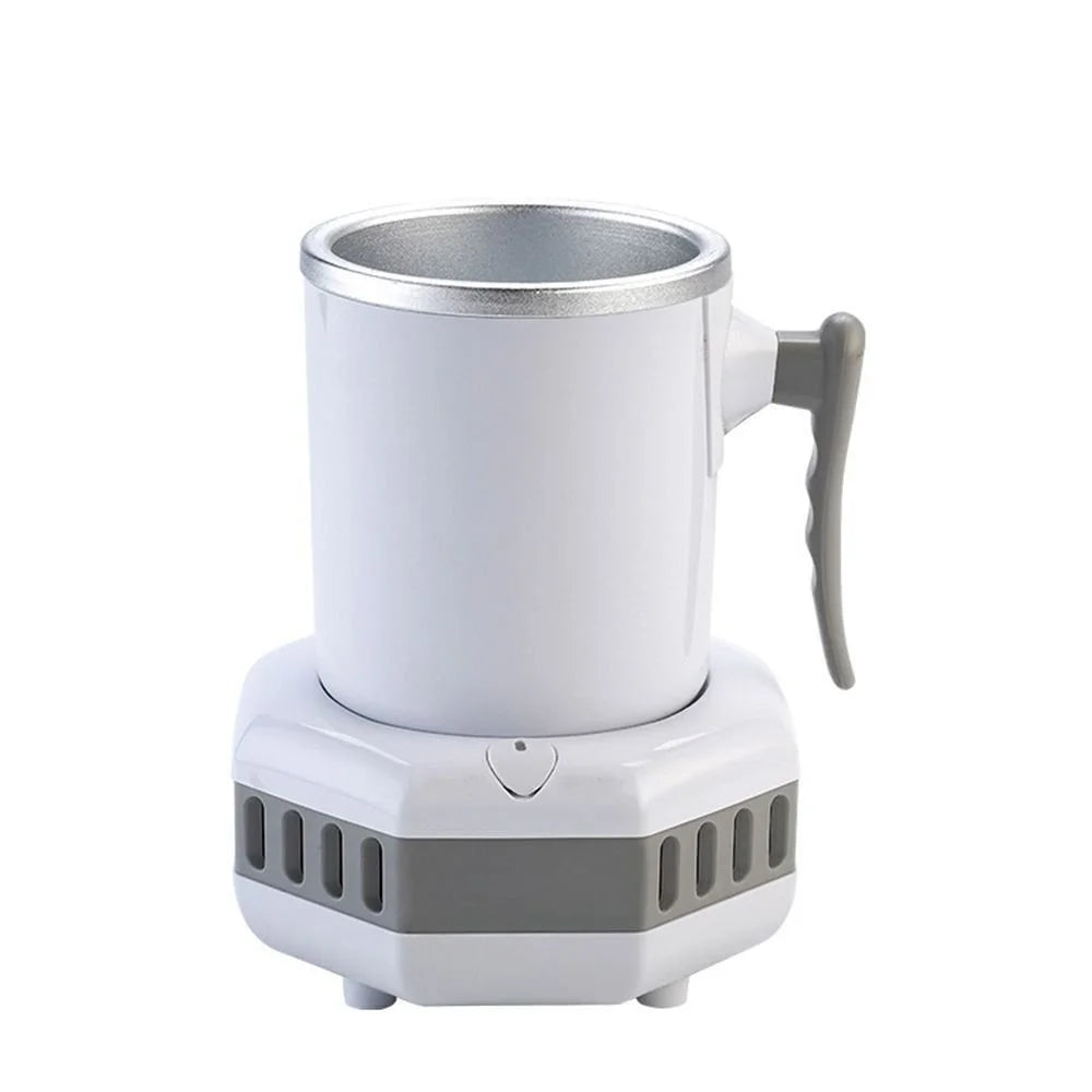 Light beige electric self-stirring mug with handle, stainless interior and on/off base.
