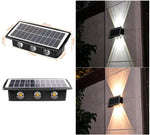 Collage showing a compact solar wall light with three LED lenses and a top solar panel, including a size diagram, a front view of the unit, and two nighttime photos of it mounted on a wall casting an up-and-down cone beam of light.