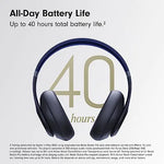 Promotional graphic showing Beats over-ear headphones framing a large “40,” with text reading “All-Day Battery Life” and “Up to 40 hours total battery life,” plus small disclaimer text at the bottom.