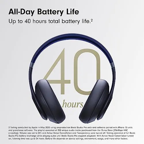 Promotional graphic showing Beats over-ear headphones framing a large “40,” with text reading “All-Day Battery Life” and “Up to 40 hours total battery life,” plus small disclaimer text at the bottom.
