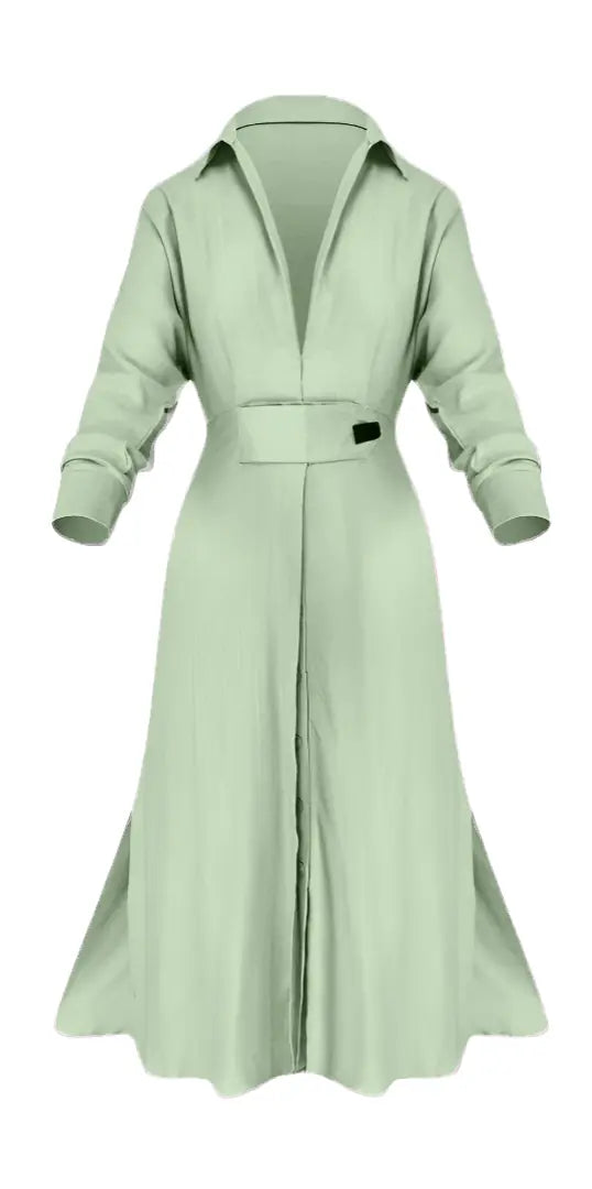Long-sleeve belted dress with a deep V-neck, collared neckline, and button-down front, designed with a flared hem and slit sides