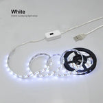 White USB LED strip light with an inline switch, shown unrolled and glowing.