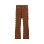 A pair of brown jeans with a straight-leg cut and heavy distressed detailing made up of multiple horizontal frayed strips from the thighs down to the hems. The pants have a high-waist design with classic five-pocket styling.