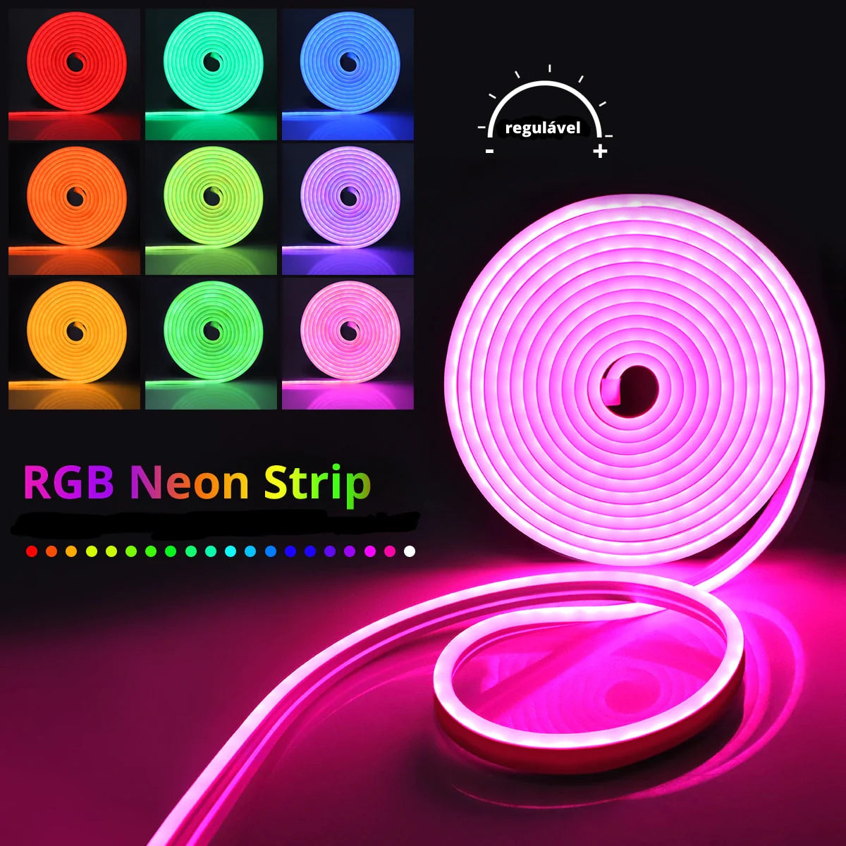 RGB neon LED strip light with adjustable colours.
