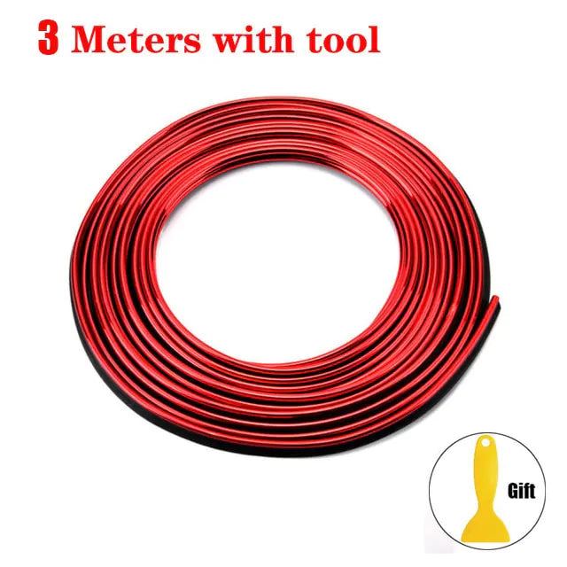 Coiled red car trim molding wire with a yellow tool labeled "Gift" on the side. The wire is labeled "3 meters with tool.