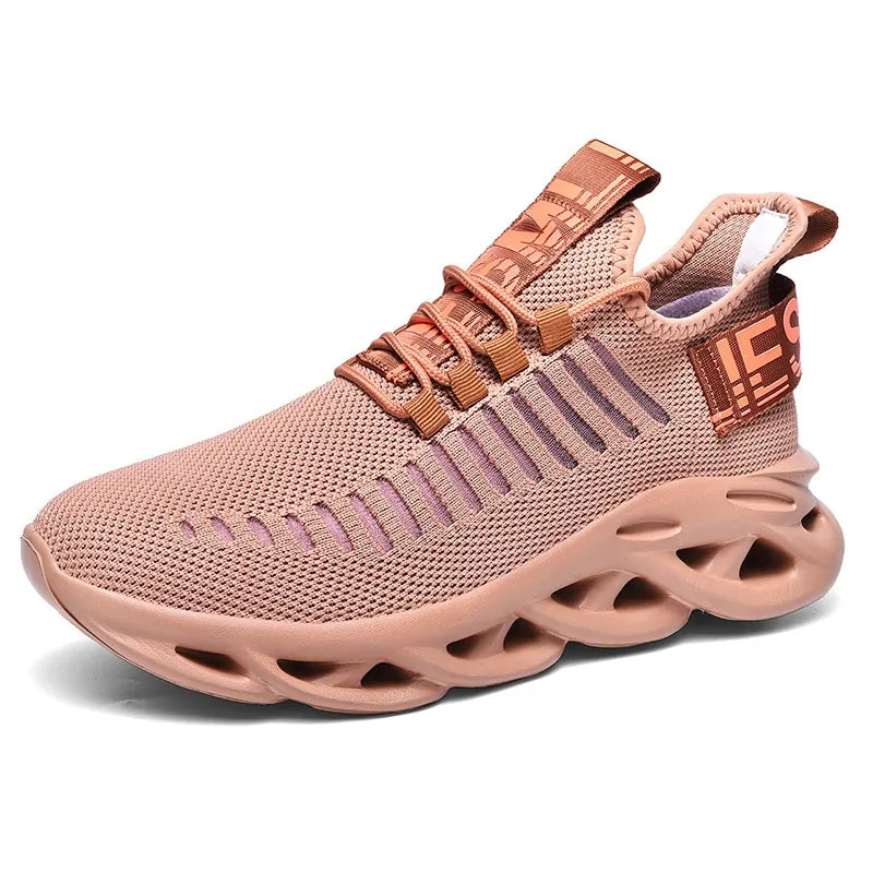 Blush pink knit trainer with lace-up front, pull tab tongue, striped side detail, and chunky hollow sole.