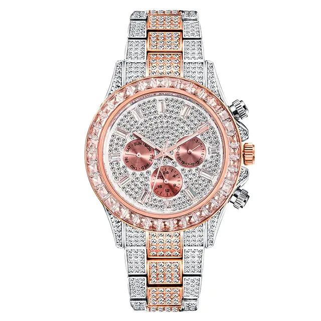 Two-tone silver and rose-gold wristwatch covered in rhinestones, with a crystal-studded bezel and three small rose-gold subdials, shown on a matching metal link bracelet against a white background.