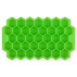 Green silicone ice cube tray with a honeycomb pattern of hexagonal compartments, shown on a white background.