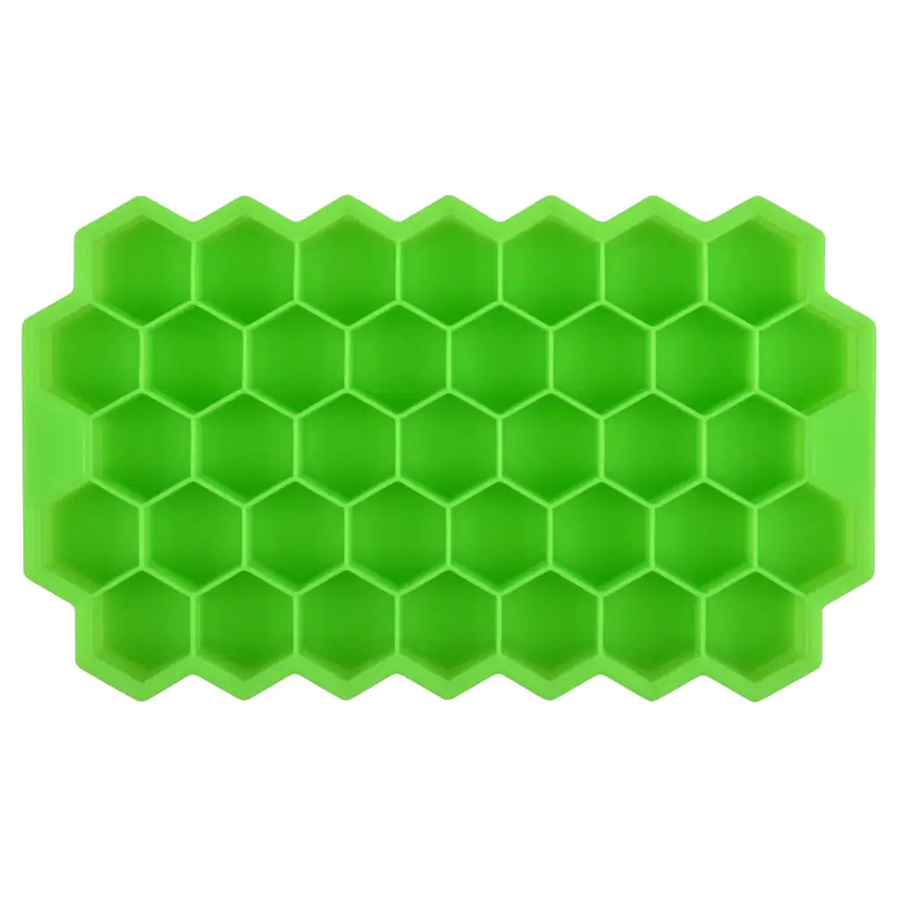 Green silicone ice cube tray with a honeycomb pattern of hexagonal compartments, shown on a white background.