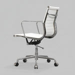 White office chair with chrome frame on a gray background