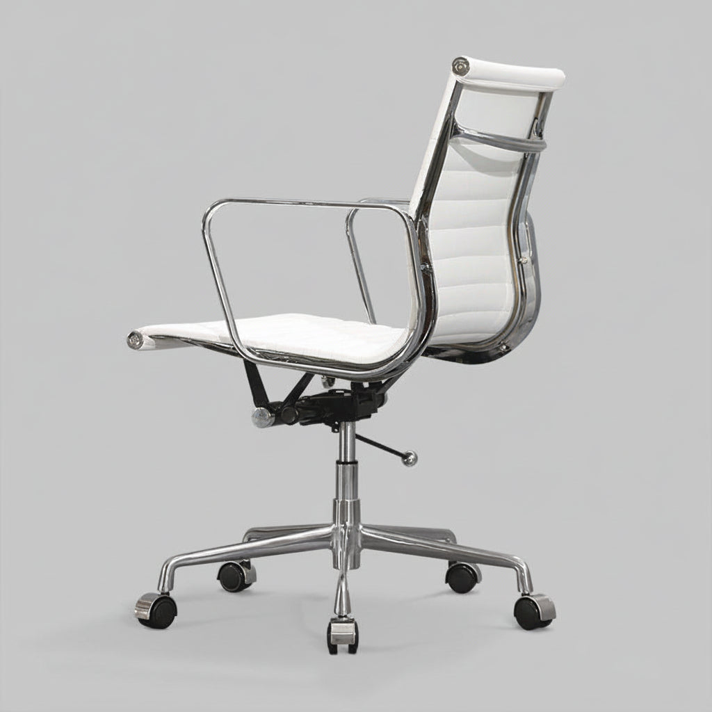 White office chair with chrome frame on a gray background