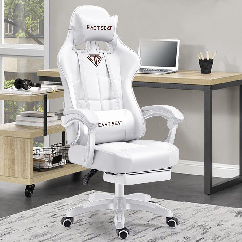 White gaming chair with 'East Seat' branding in a home office setting.