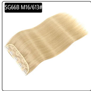A strand of blonde clip-in hair extensions with a straight texture.