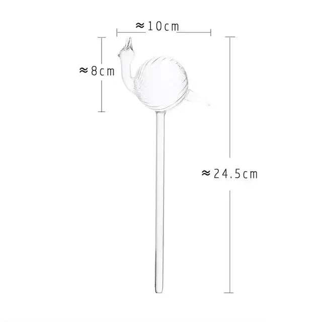 Dimension diagram of a clear glass swan plant watering globe, showing approximate measurements of 24.5 cm total height, 10 cm width, and 8 cm swan head size.