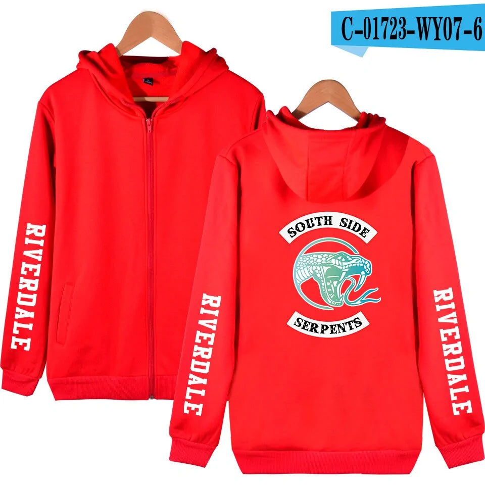 A product image of a bright red zip-up hoodie shown front and back on hangers. The sleeves have large white text reading “RIVERDALE,” and the back features a “SOUTH SIDE SERPENTS” emblem with a snake graphic in the center. A small label in the top corner reads “C-01723-WY07-6