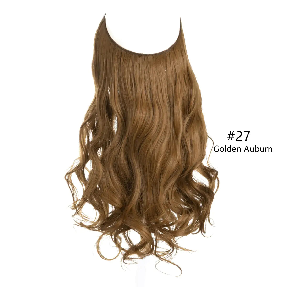 Wavy clip-in hair extension in golden auburn shade on a white background, labeled “#27 Golden Auburn
