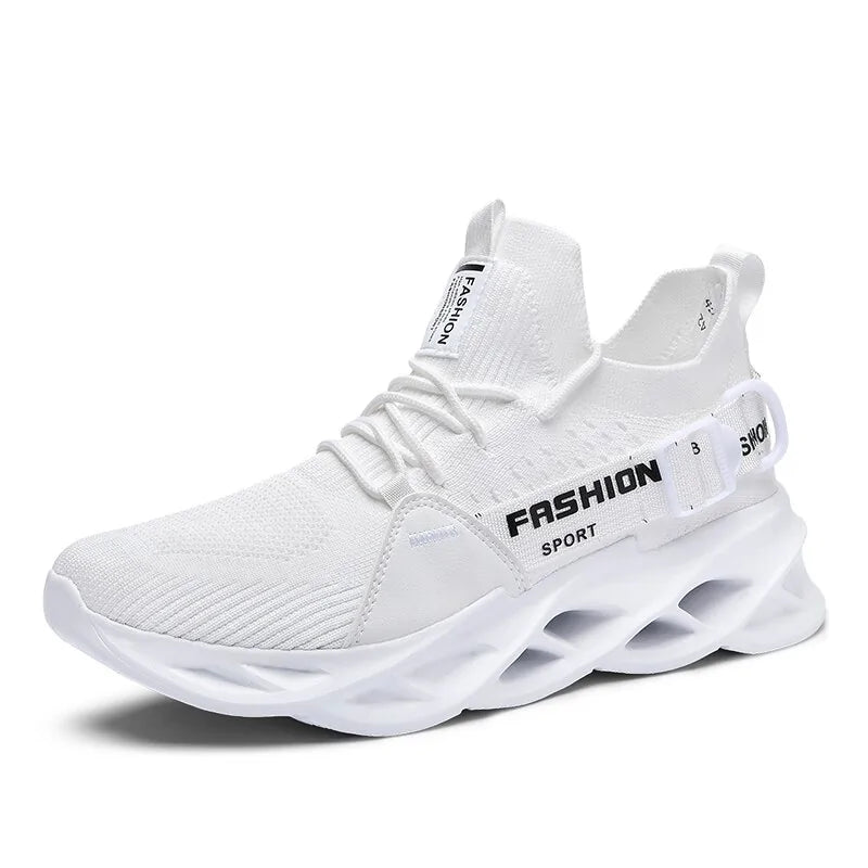 All-white athletic sneaker with laces, a knit upper, side straps printed “FASHION” and “SPORT,” and a chunky hollow-cutout sole, shown in side view on a white background.