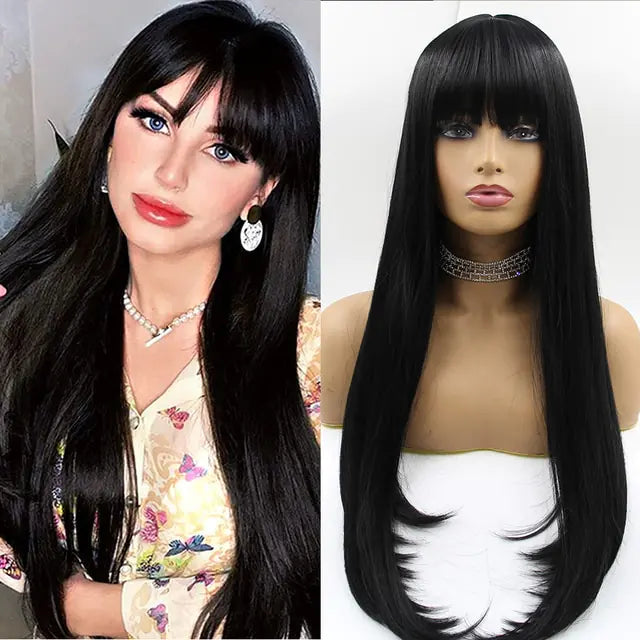 Side-by-side image showing long, straight black hair with blunt bangs: on the left, a model wearing the style with earrings and a floral top; on the right, the same wig displayed on a mannequin head against a white background.