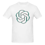 White T-shirt with a metallic teal and silver interlocking knot-style logo printed on the chest.