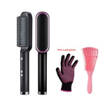 Black heated hair-straightening brush set showing the brush front and back, plus an anti-scald glove and a pink detangling comb on a white background.