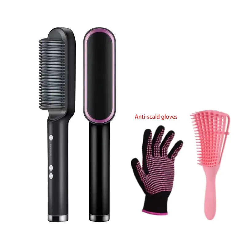 Black heated hair-straightening brush set showing the brush front and back, plus an anti-scald glove and a pink detangling comb on a white background.