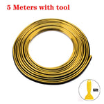 Product image of a coiled gold-colored strip/trim labeled “5 Meters with tool,” with a small inset showing a yellow plastic scraper tool marked “Gift,” on a white background.