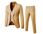 Beige men’s suit set shown on a white background, including a blazer layered over a matching vest and a pair of slim-fit trousers.