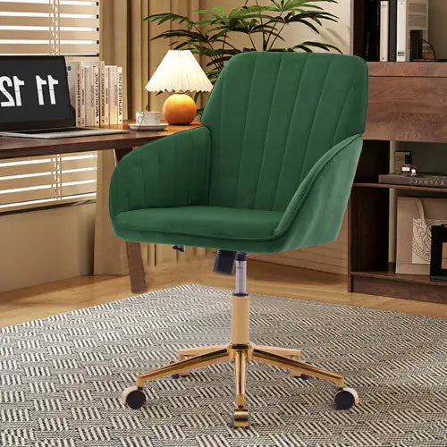 Green office chair in a home office setting with a desk and decor.