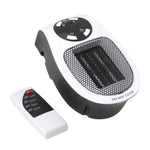 Compact portable electric heater with front grille, top controls, and a remote control.