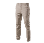 A pair of slim-fit khaki pants with a button and zipper closure, featuring a small green crocodile logo on the upper left thigh. The pants have belt loops and side pockets, with a slightly wrinkled appearance. A larger green crocodile logo is displayed in the top left corner of the image.