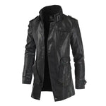 Men’s black leather-look longline biker jacket.
