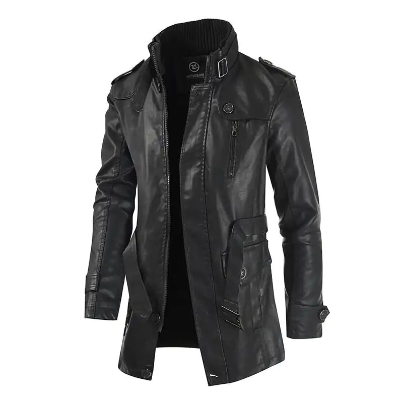 Men’s black leather-look longline biker jacket.
