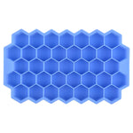 Blue silicone ice cube tray with a honeycomb pattern of hexagonal compartments, shown on a white background.