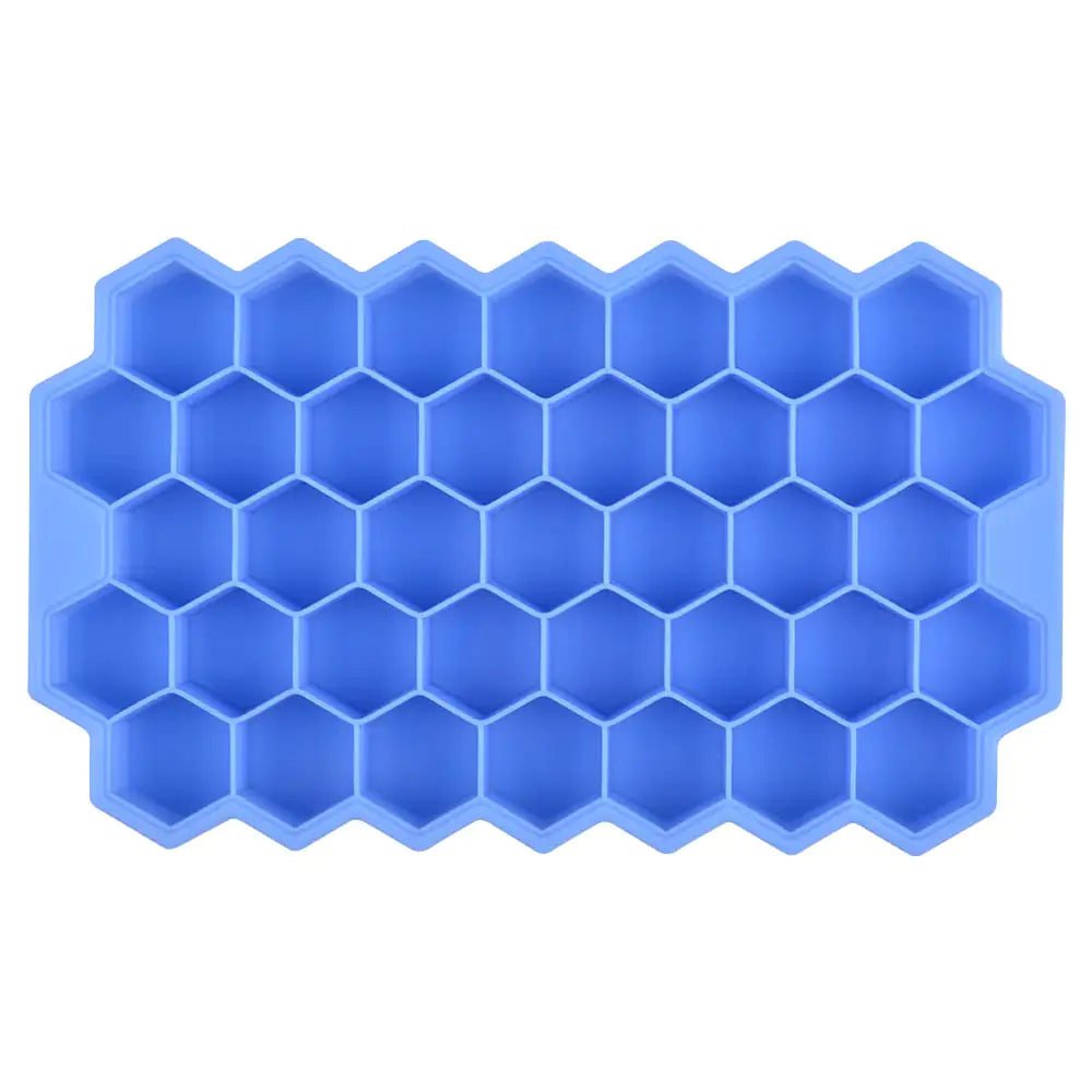 Blue silicone ice cube tray with a honeycomb pattern of hexagonal compartments, shown on a white background.