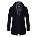 Navy double-breasted overcoat with a structured collar and patterned inner lining.