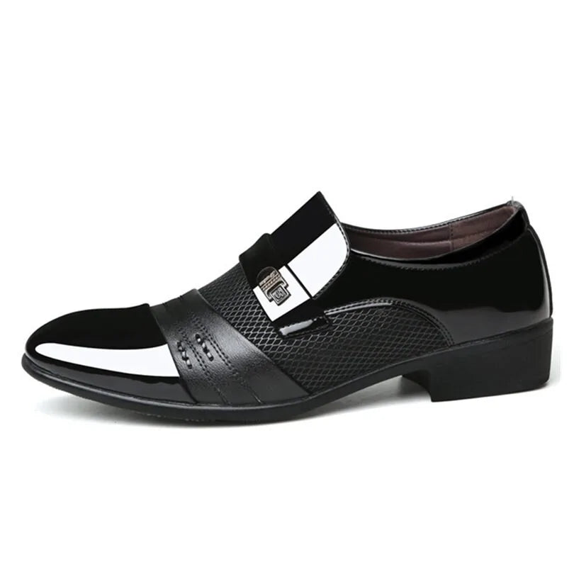 Black slip-on dress shoe with a glossy patent toe, textured side panel, and a wide strap across the top with a small metal buckle detail.