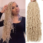 Side-by-side image of a woman wearing long platinum-blonde faux locs and a matching bundle of blonde faux loc extensions shown on a white background.