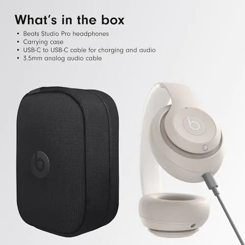 What’s in the box” graphic showing Beats Studio Pro headphones beside a black carrying case, with a list of included items: headphones, case, USB-C to USB-C cable, and 3.5 mm audio cable.
